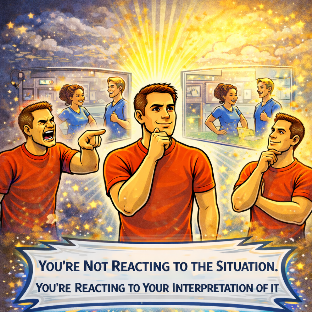 Coach Abe explaining how interpretation of situations influences reactions, emotions, and decision-making